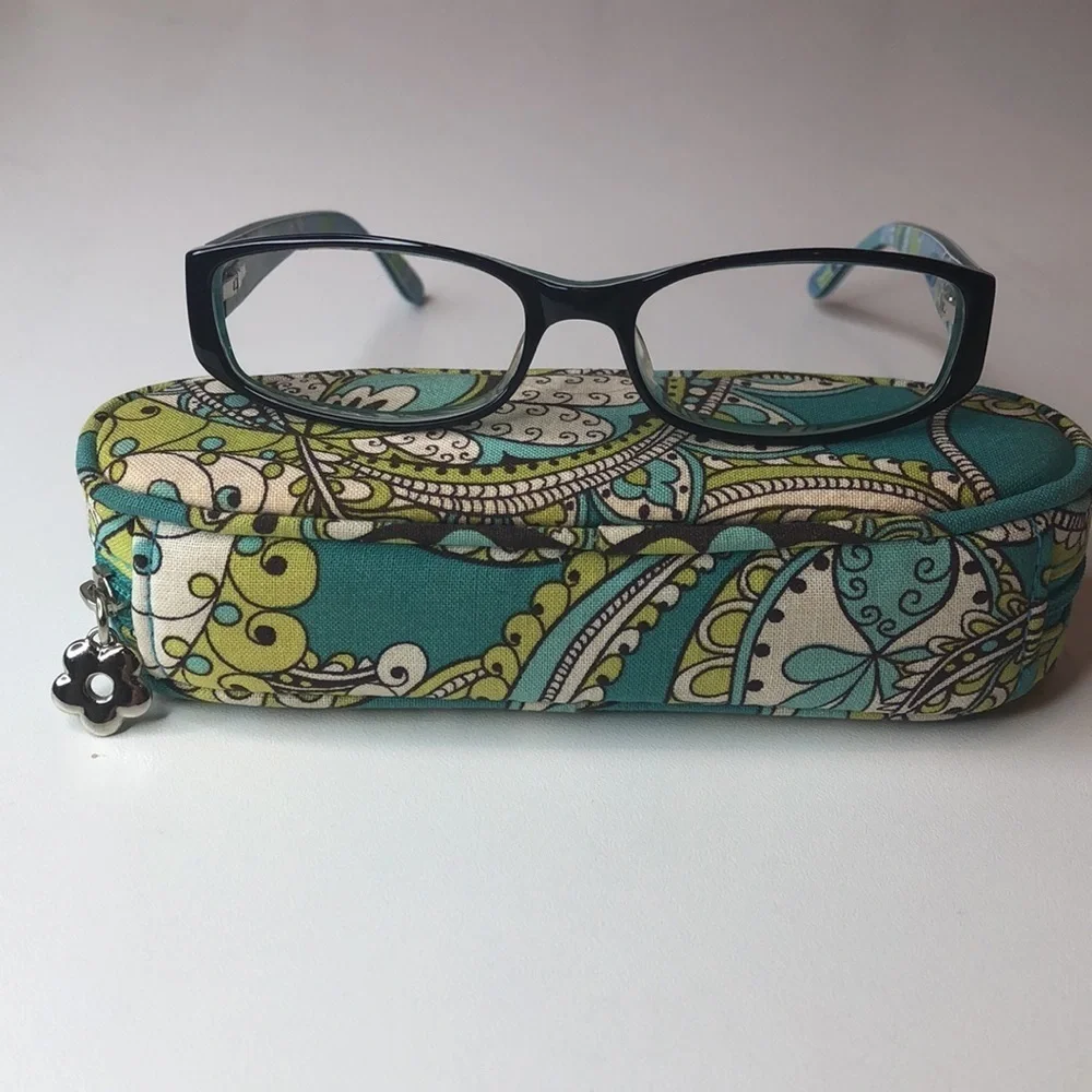 Vera Bradley Black Eyeglass frames Blue Lime accent colors plus eyeglasses case